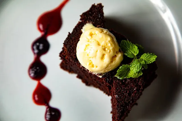 Warm chocolate dessert with ice cream