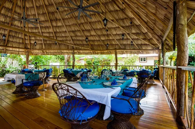 Tables set beneath the thatched palapa by the sea