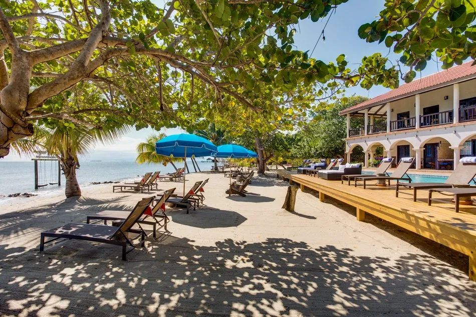 Beach umbrellas and the resort