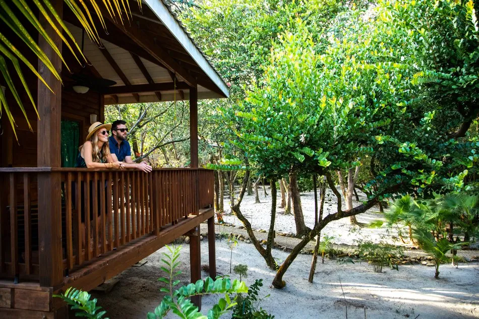 A couple relaxing on their treehouse porch